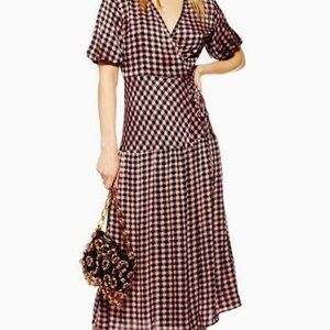 TOPSHOP Houndstooth Peach, And Black Wrap Dress